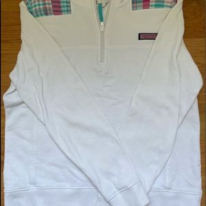 White pullover with plaid accent